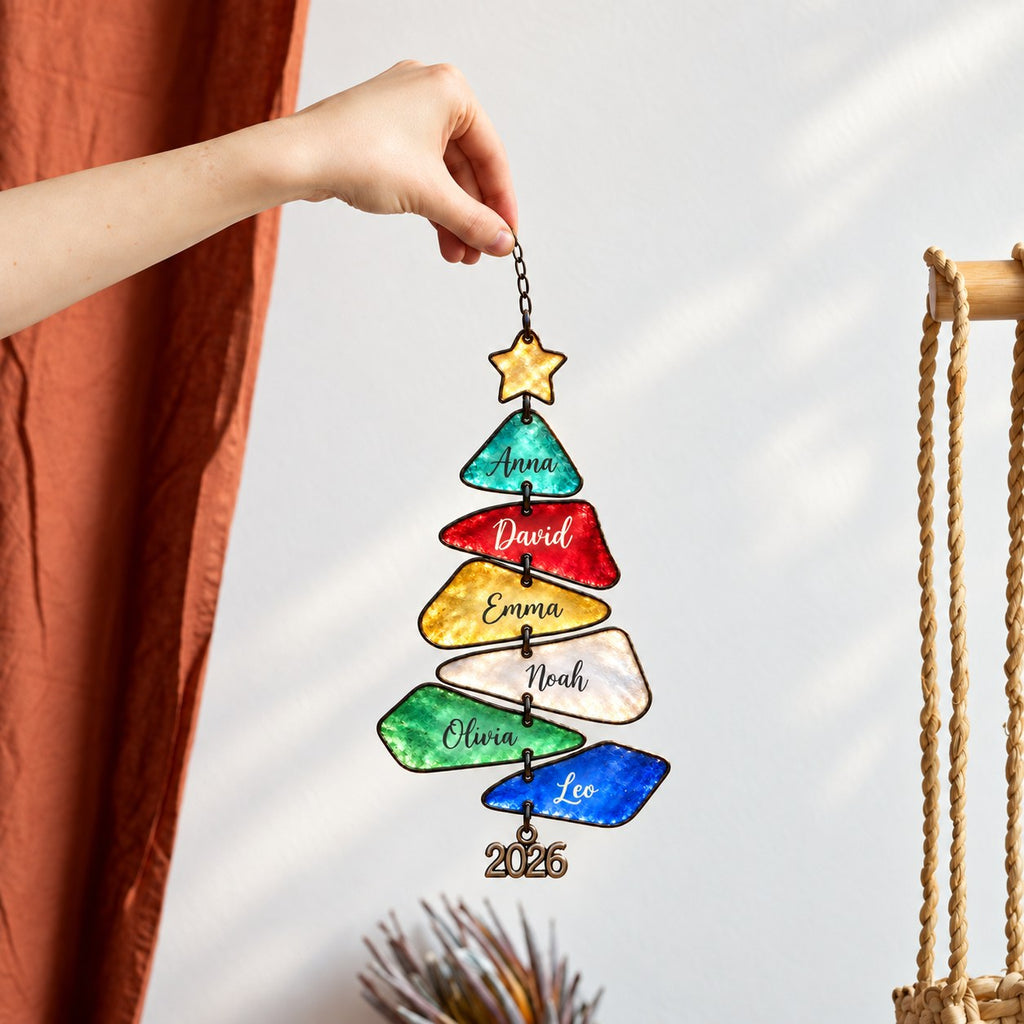 Personalized Family Names Christmas Tree Holographic Acrylic Suncatcher