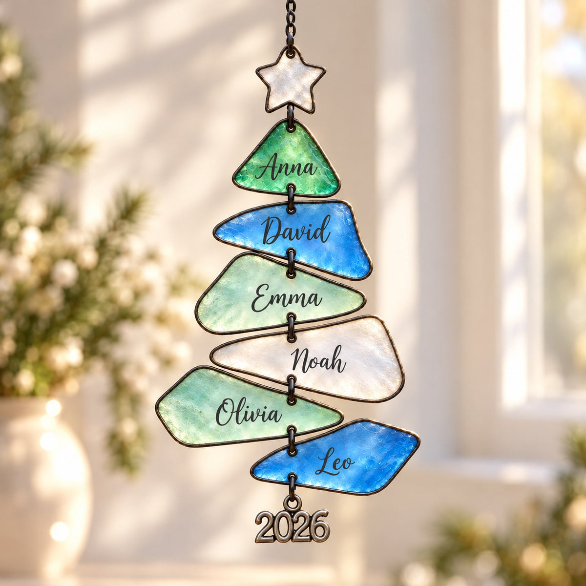 Personalized family names Christmas tree holographic acrylic suncatcher, Sea Glass palette — hero