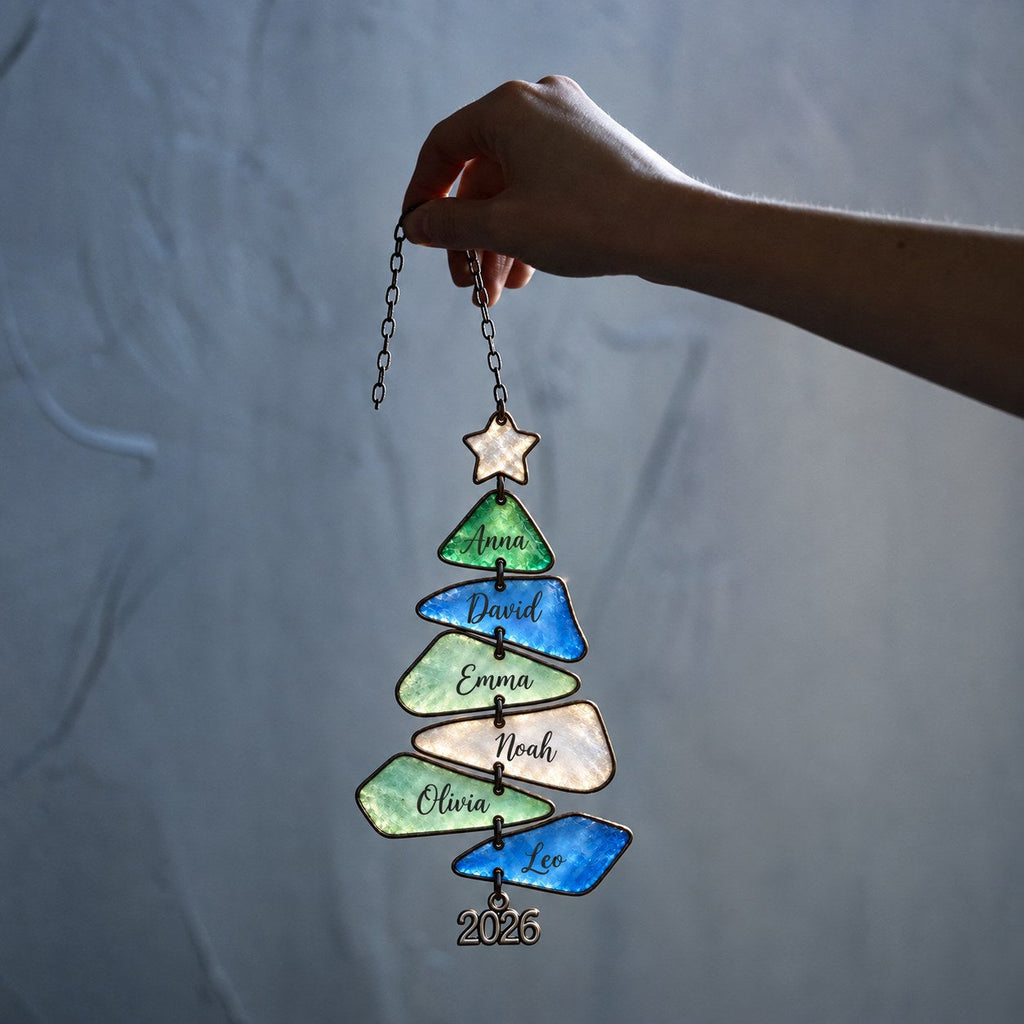 Sea Glass family names Christmas tree suncatcher — 03