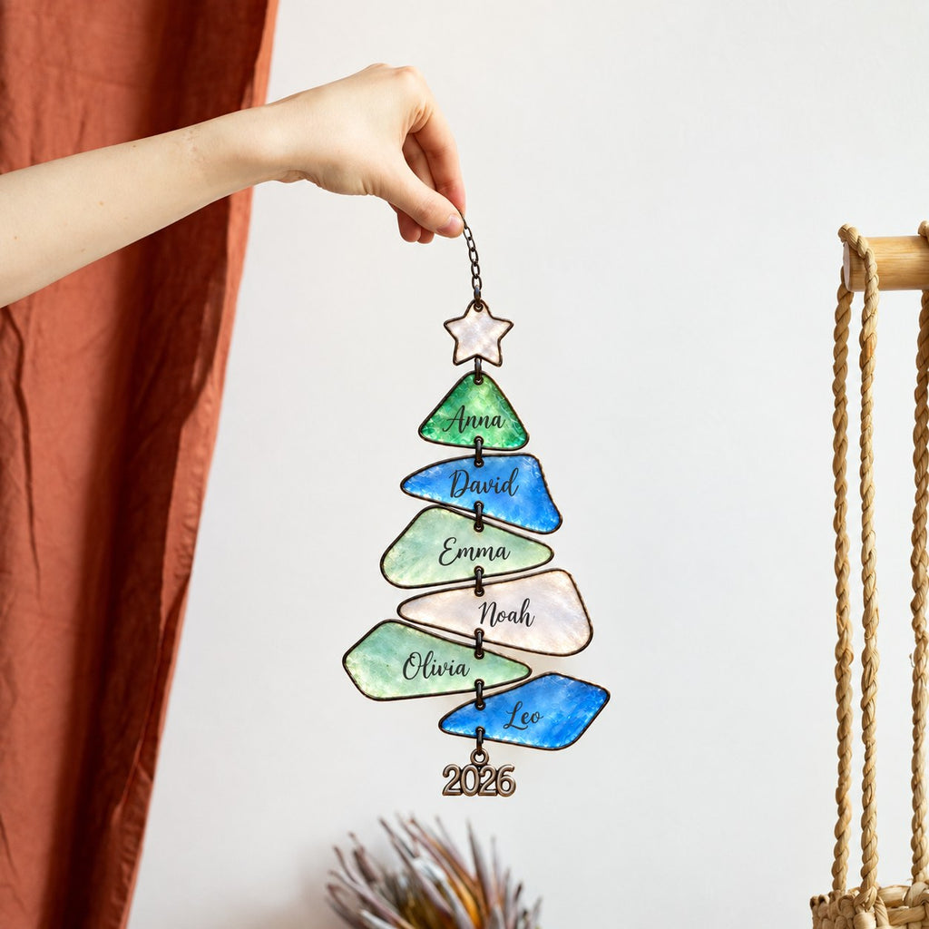 Sea Glass family names Christmas tree suncatcher — 05