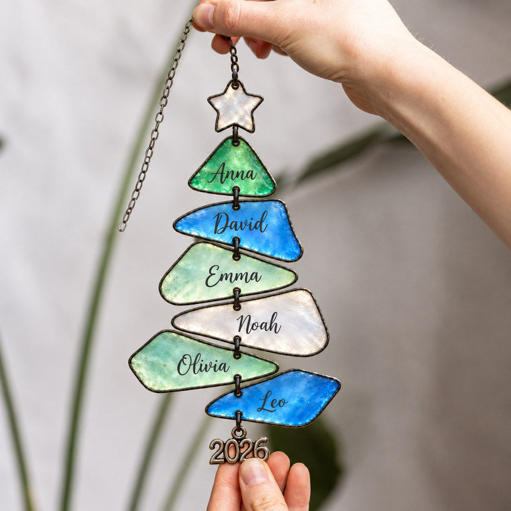 Sea Glass family names Christmas tree suncatcher — 06