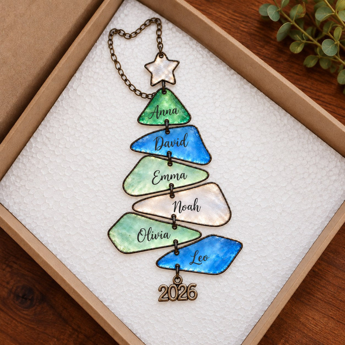 Sea Glass family names Christmas tree suncatcher — 09