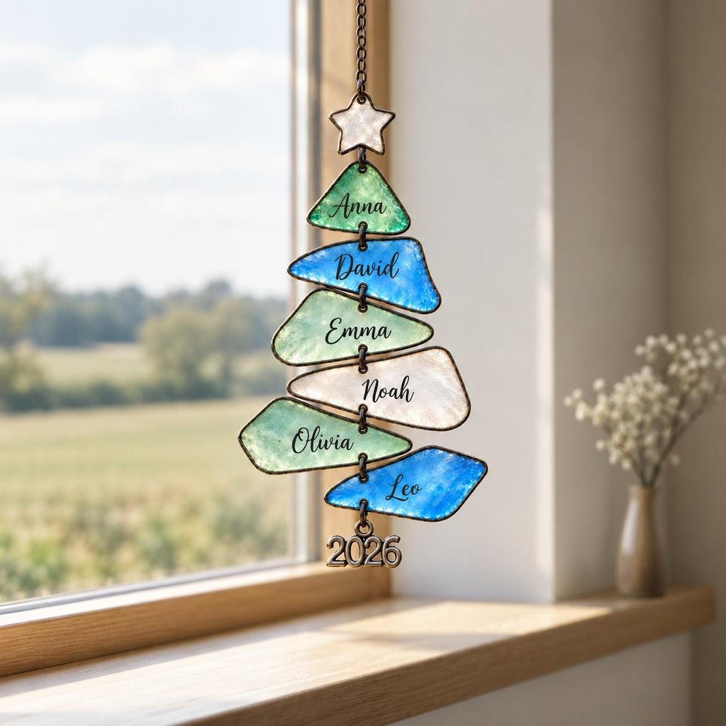 Sea Glass family names Christmas tree suncatcher — 12