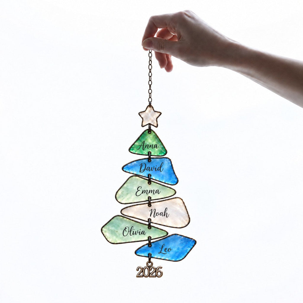 Sea Glass family names Christmas tree suncatcher — 13