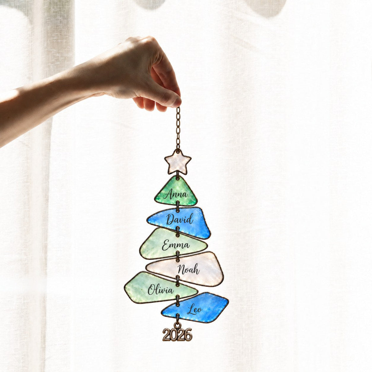 Sea Glass family names Christmas tree suncatcher — 14