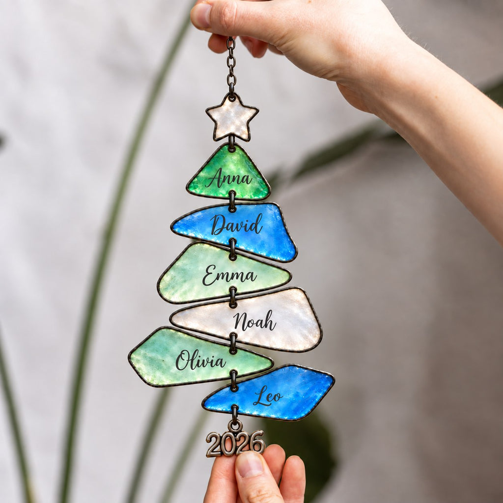 Sea Glass family names Christmas tree suncatcher — 15
