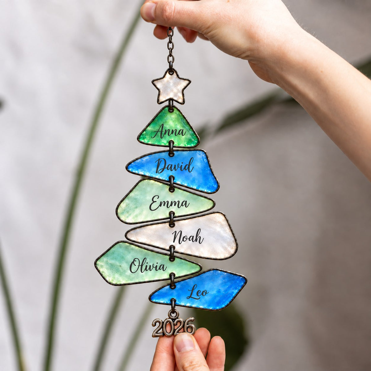 Sea Glass family names Christmas tree suncatcher — 15