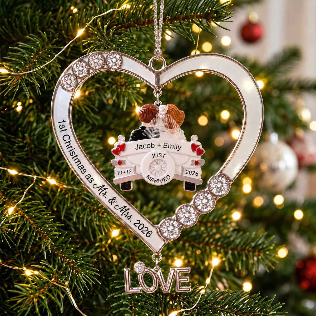 Personalized First Christmas as Mr. and Mrs. Just Married Car Heart Acrylic Ornament