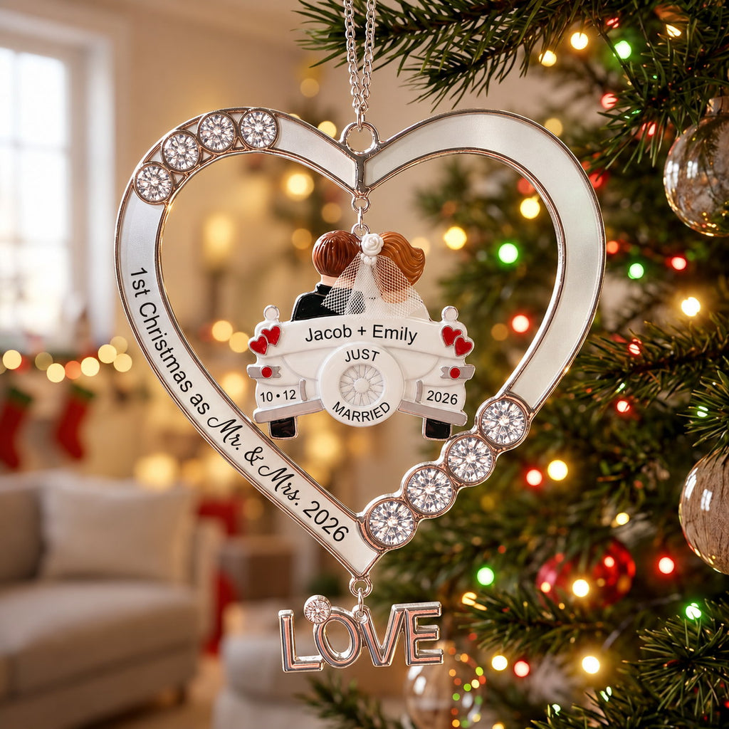 Personalized First Christmas as Mr. and Mrs. Just Married Car Heart Acrylic Ornament