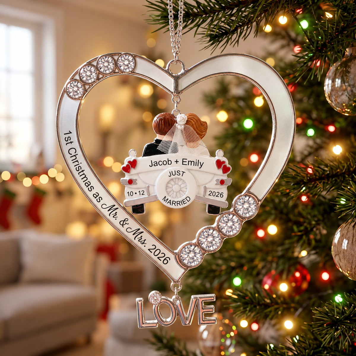 Personalized First Christmas as Mr. and Mrs. Just Married Car Heart Acrylic Ornament