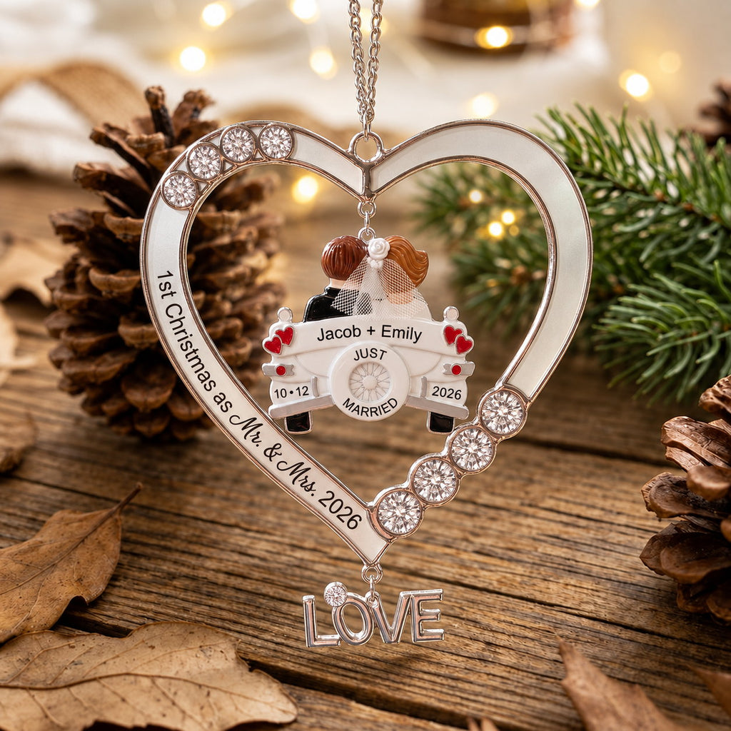 Personalized First Christmas as Mr. and Mrs. Just Married Car Heart Acrylic Ornament