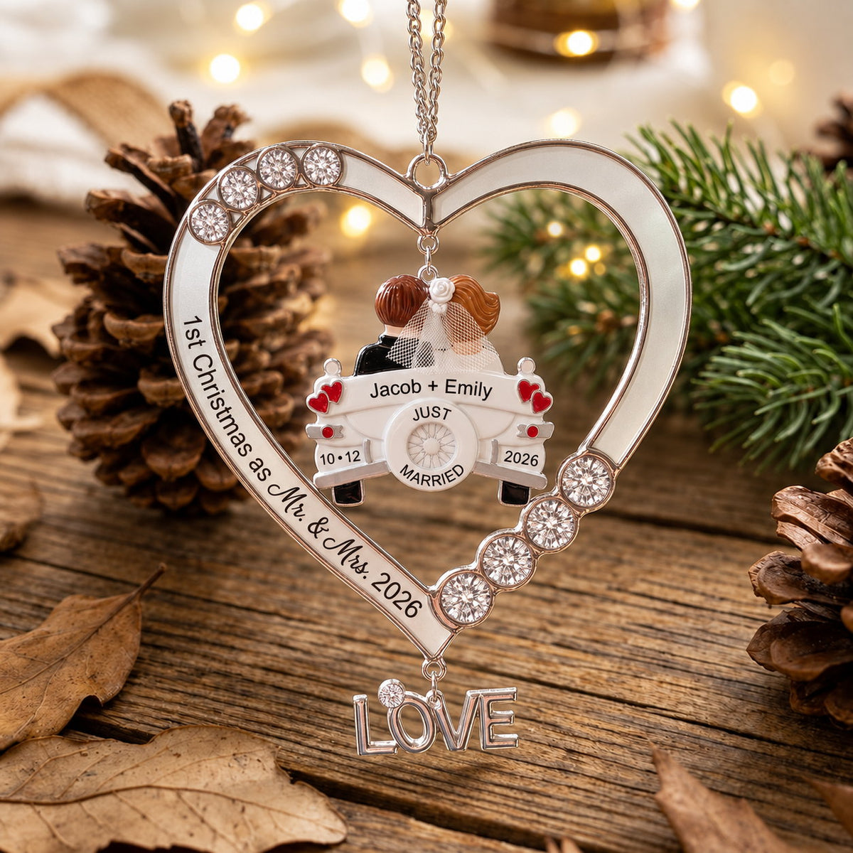 Personalized First Christmas as Mr. and Mrs. Just Married Car Heart Acrylic Ornament