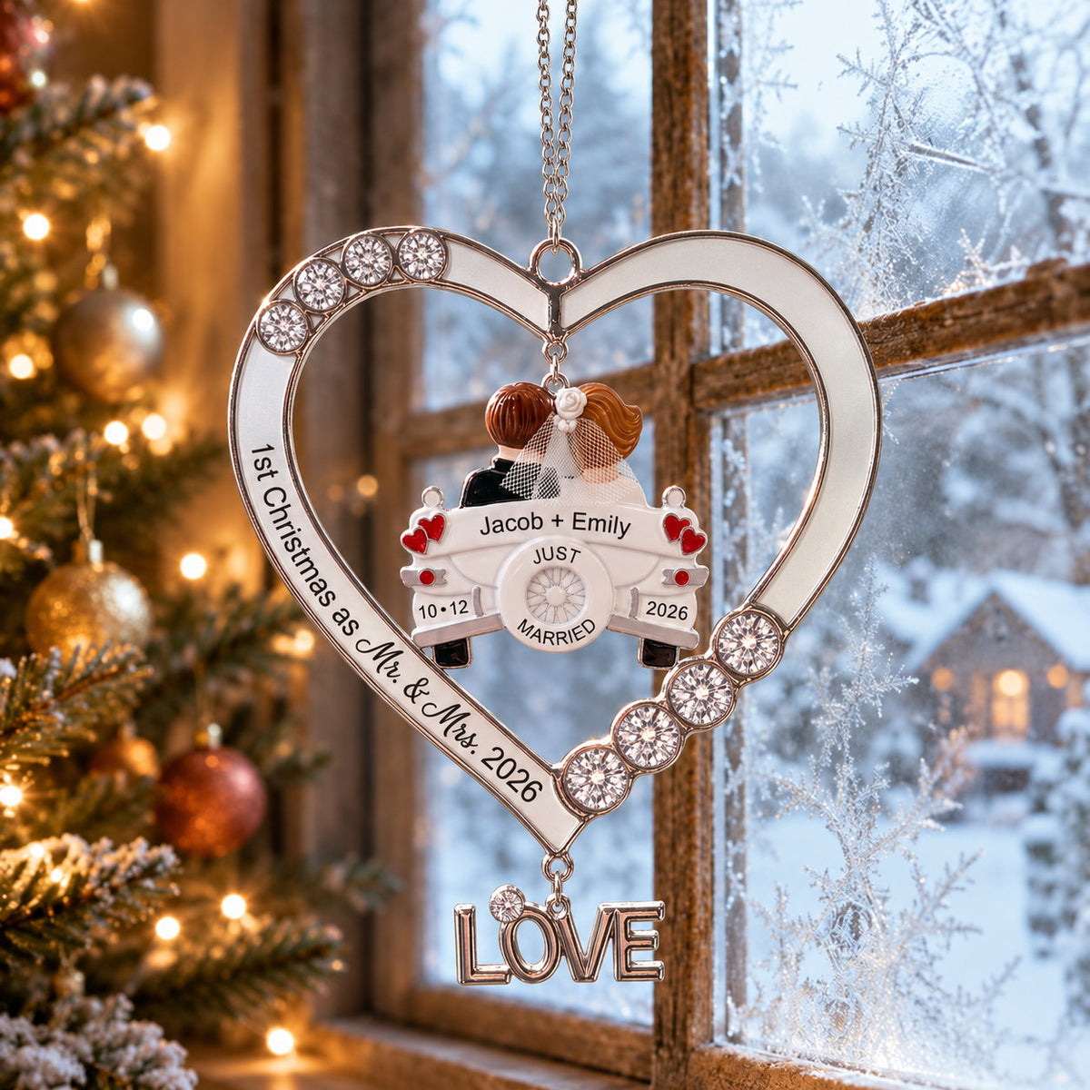 Personalized First Christmas as Mr. and Mrs. Just Married Car Heart Acrylic Ornament