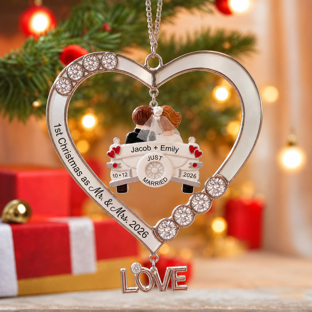 Personalized First Christmas as Mr. and Mrs. Just Married Car Heart Acrylic Ornament