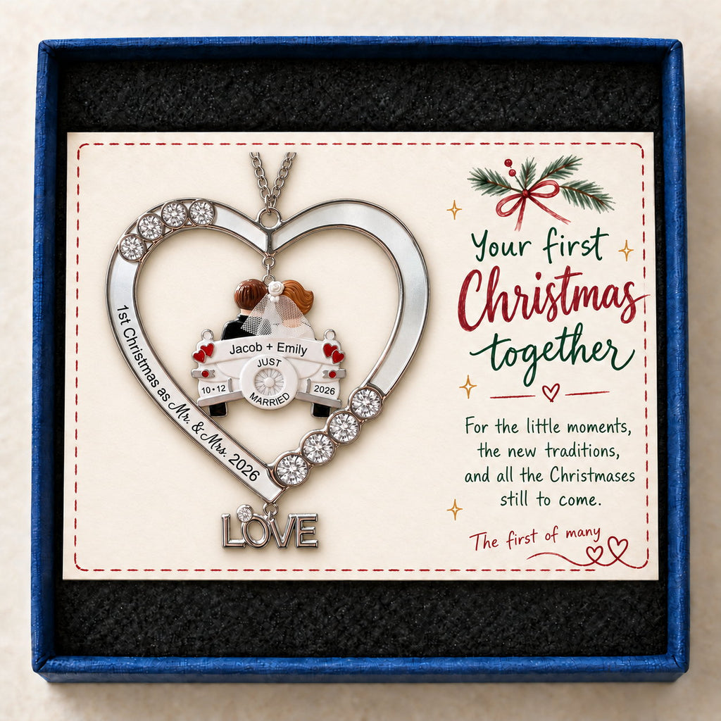 Personalized First Christmas as Mr. and Mrs. Just Married Car Heart Acrylic Ornament