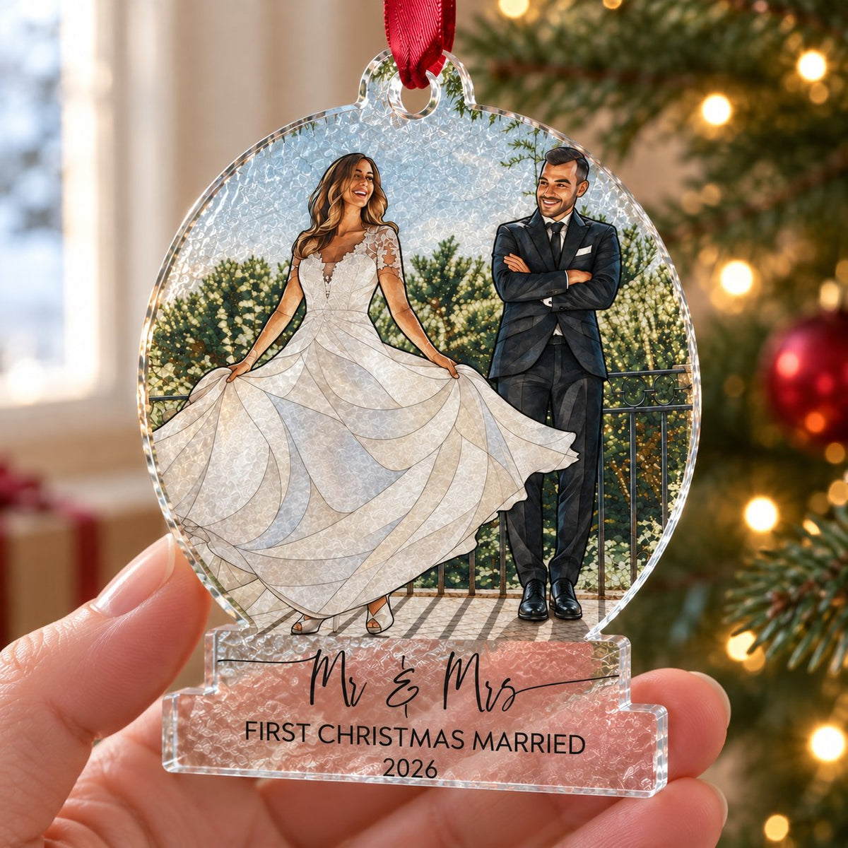 Personalized First Christmas Together Couple Stained Glass Ornament – Mr & Mrs or Names