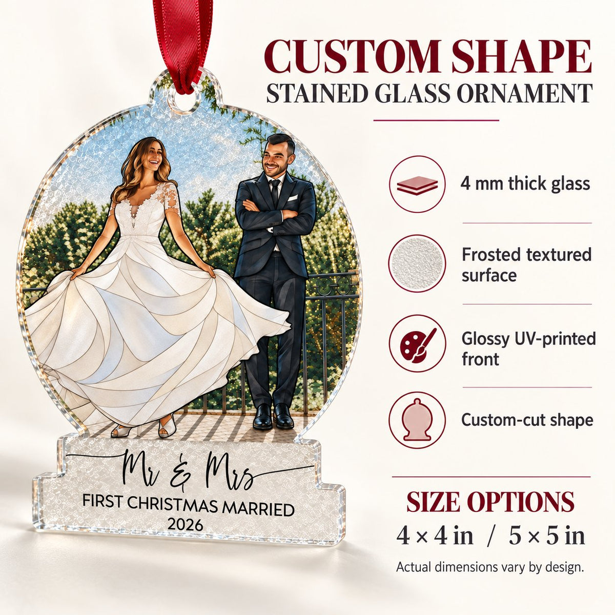 Personalized First Christmas Together Couple Stained Glass Ornament – Mr & Mrs or Names