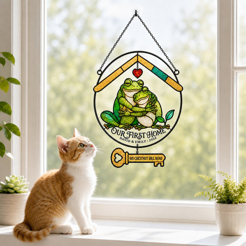 Personalized Our First Home Frog Couple Holographic Acrylic Suncatcher