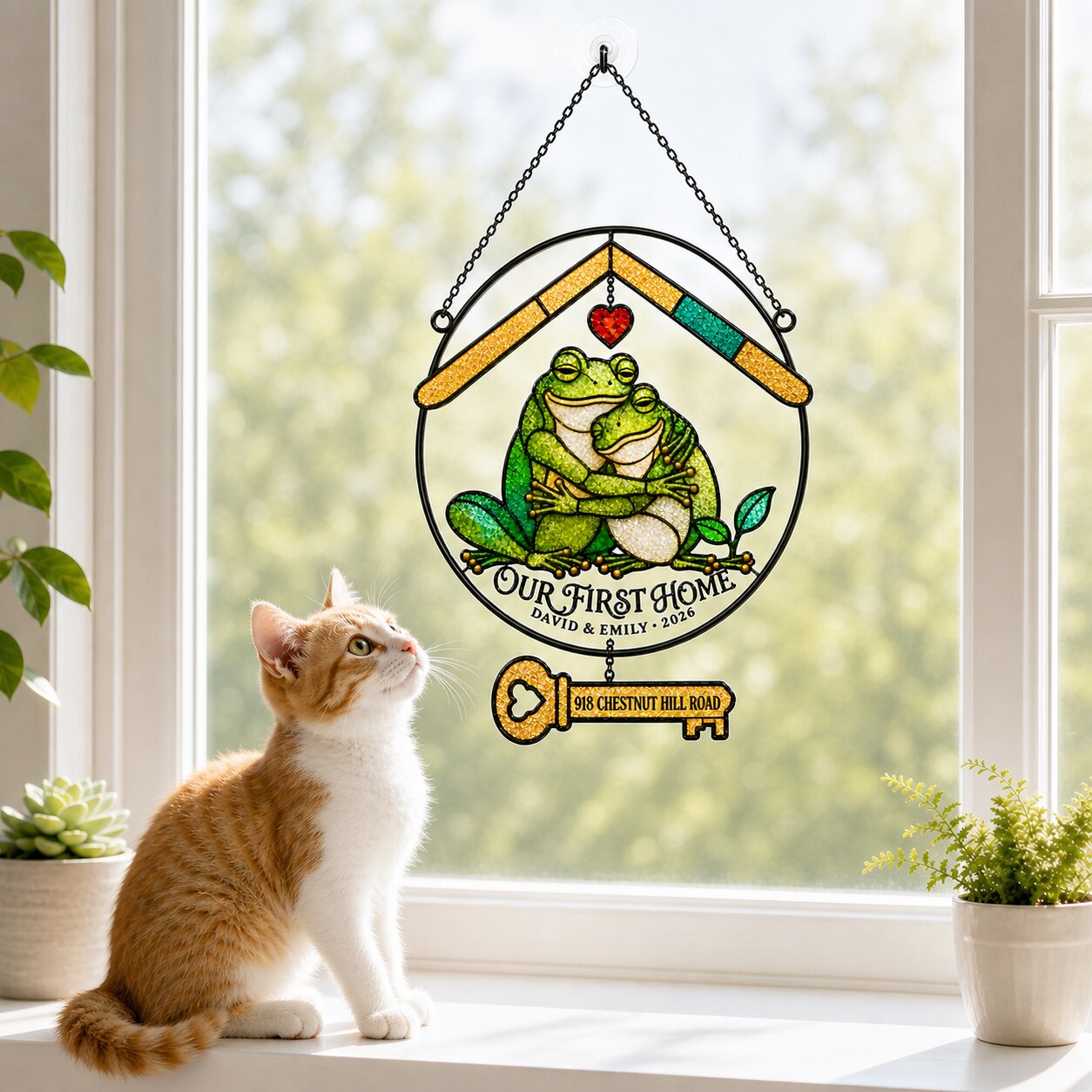 Personalized Our First Home Frog Couple Holographic Acrylic Suncatcher