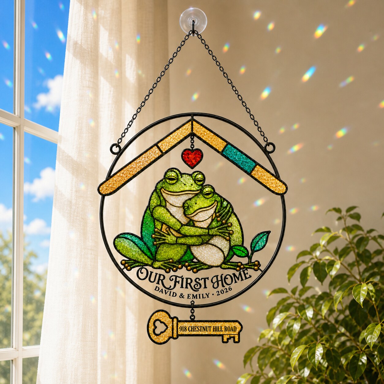 Personalized Our First Home Frog Couple Holographic Acrylic Suncatcher