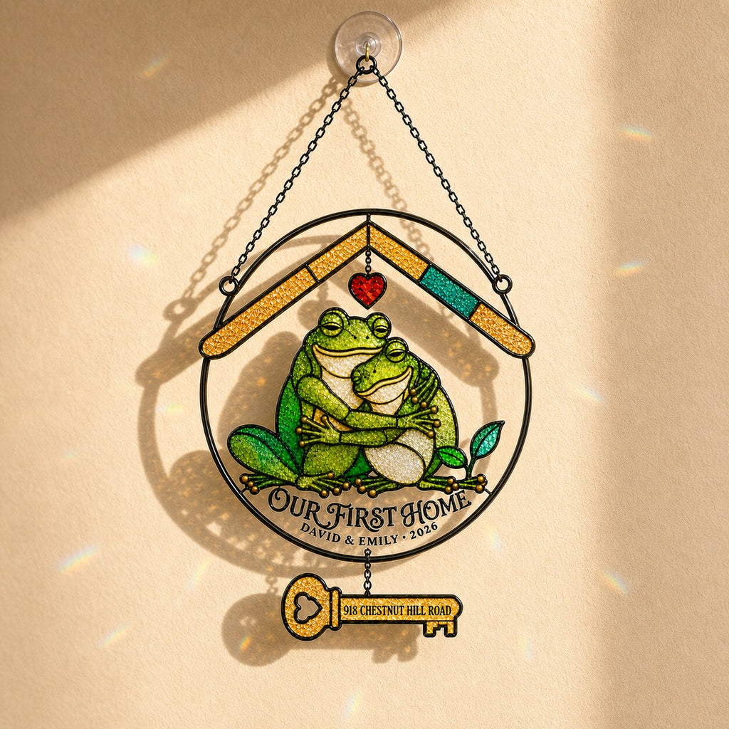 Personalized Our First Home Frog Couple Holographic Acrylic Suncatcher