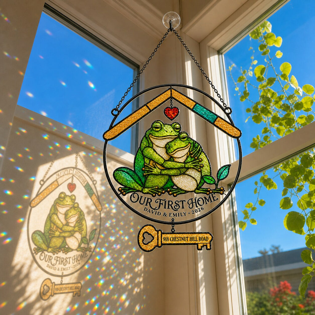 Personalized Our First Home Frog Couple Holographic Acrylic Suncatcher