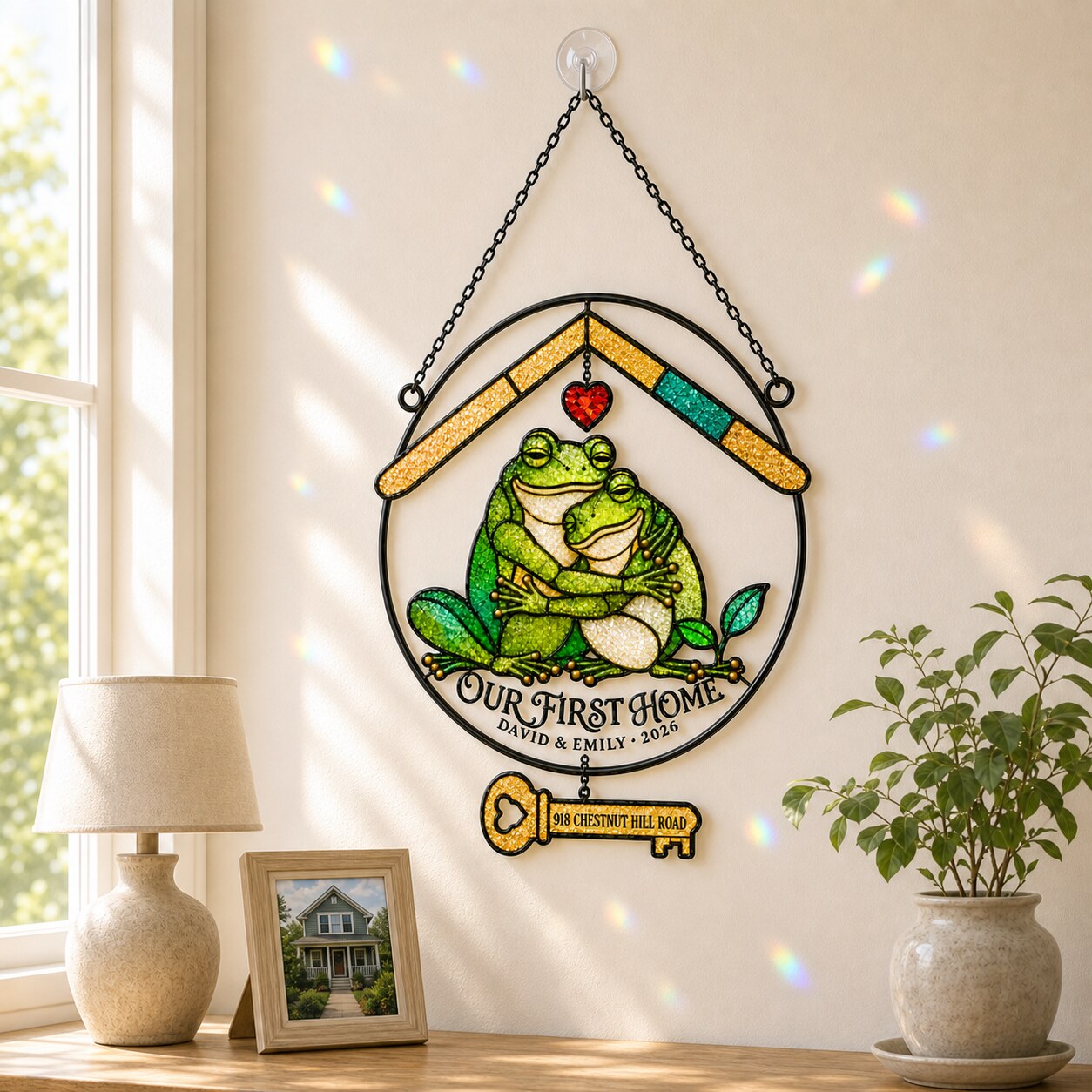 Personalized Our First Home Frog Couple Holographic Acrylic Suncatcher