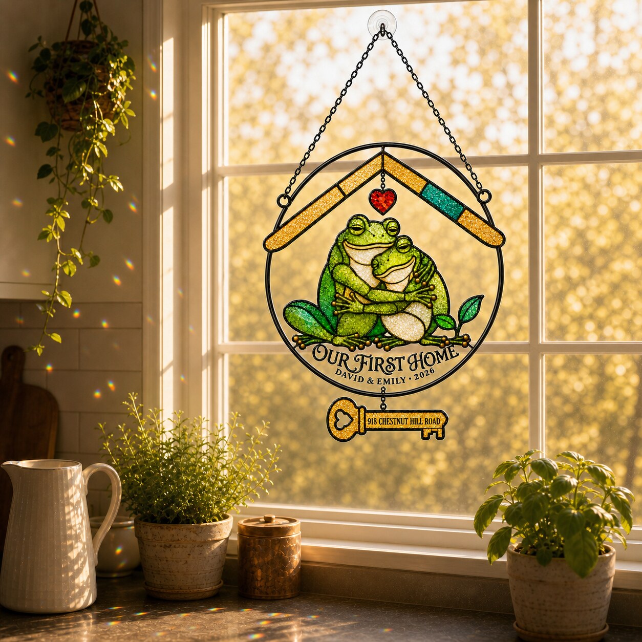 Personalized Our First Home Frog Couple Holographic Acrylic Suncatcher
