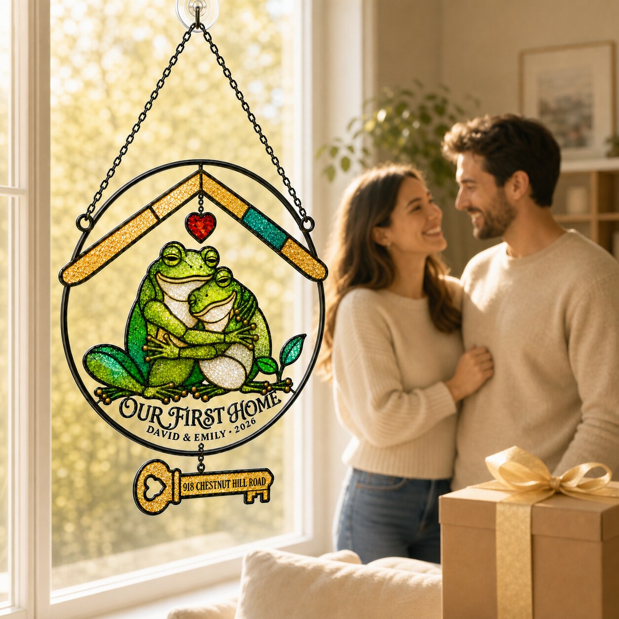 Personalized Our First Home Frog Couple Holographic Acrylic Suncatcher