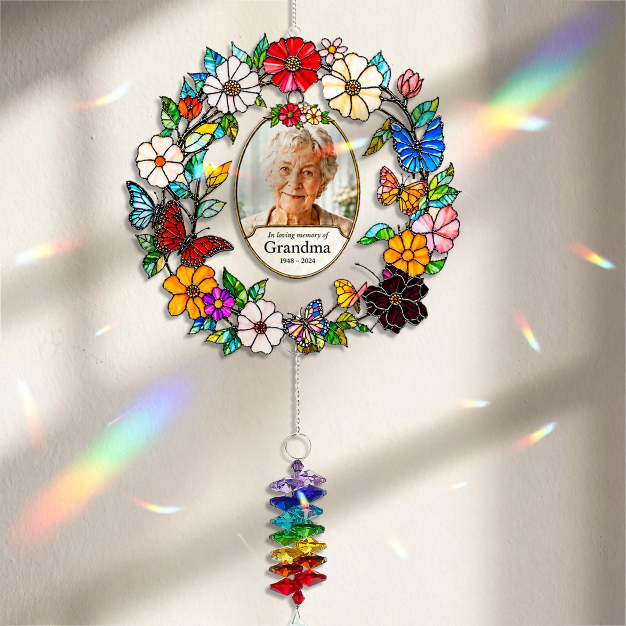 Personalized floral photo memorial wreath crystal suncatcher