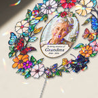 Personalized floral photo memorial wreath crystal suncatcher in a window