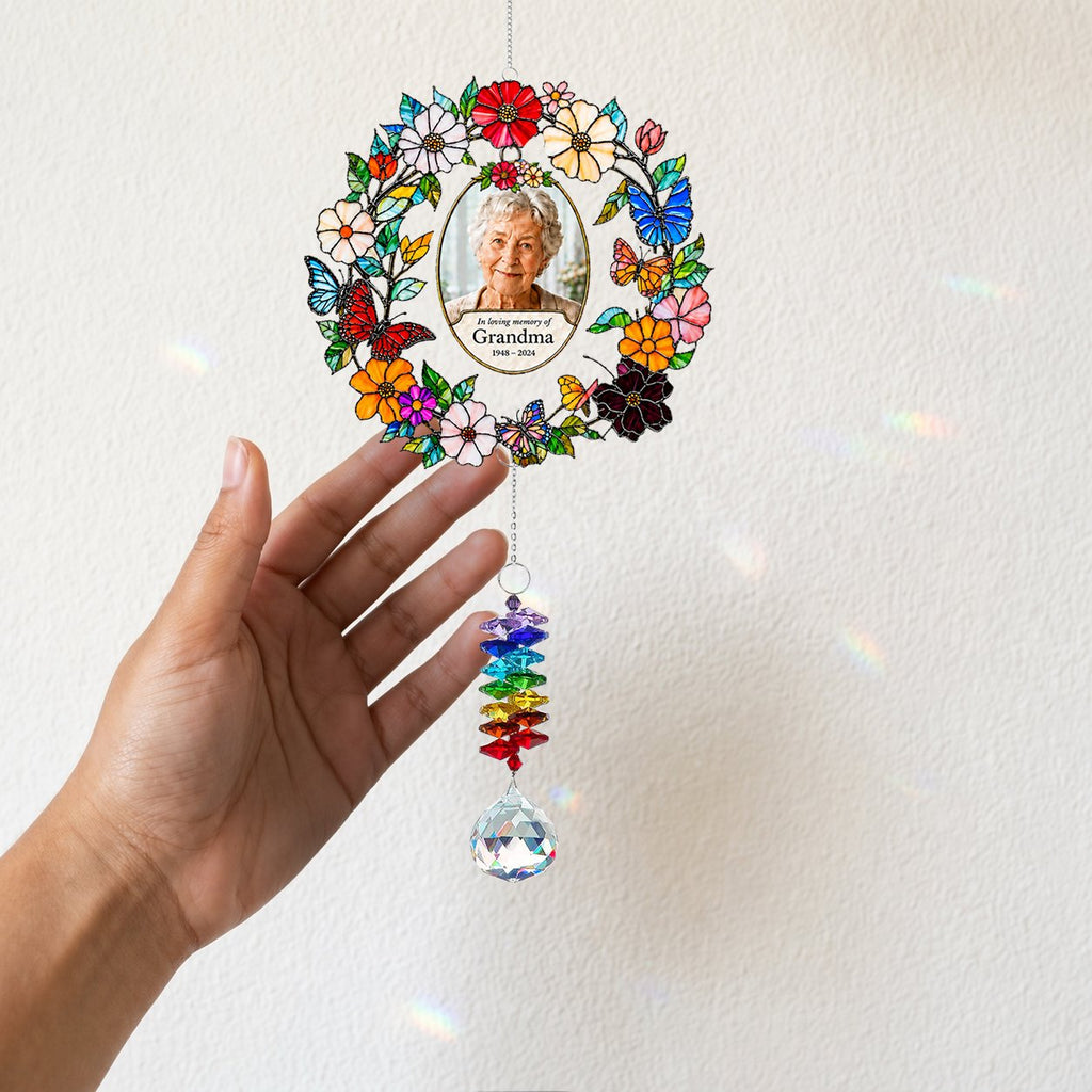 Personalized floral photo memorial wreath crystal suncatcher detail