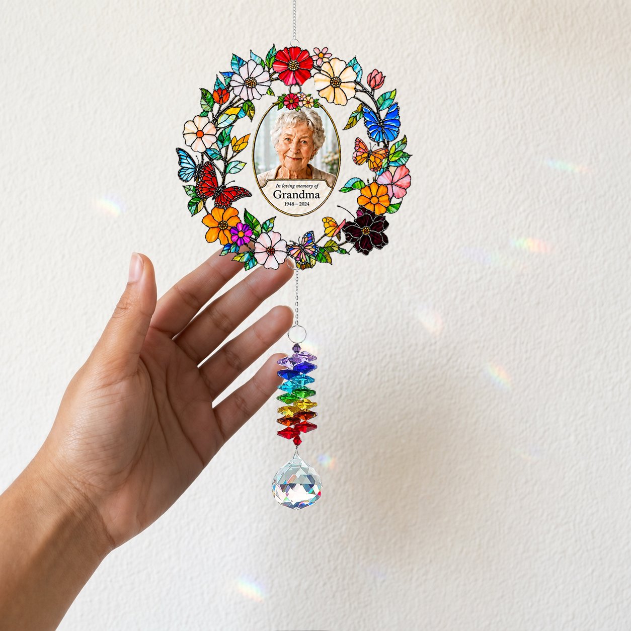 Personalized floral photo memorial wreath crystal suncatcher detail