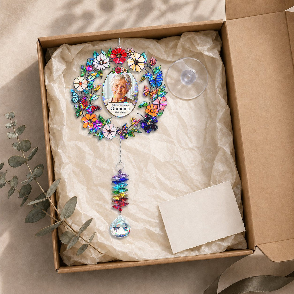 Personalized floral photo memorial wreath crystal suncatcher