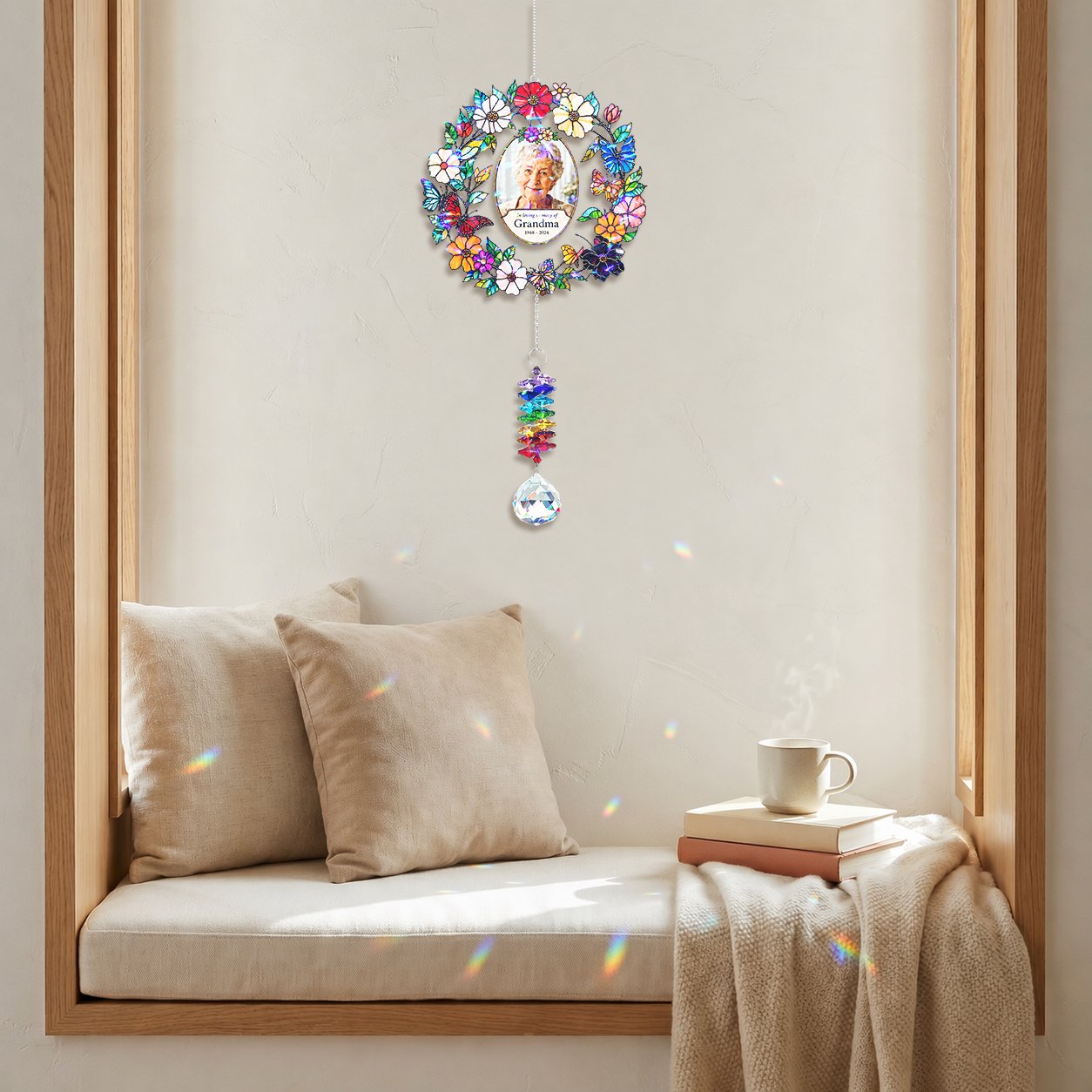 Personalized floral photo memorial wreath crystal suncatcher