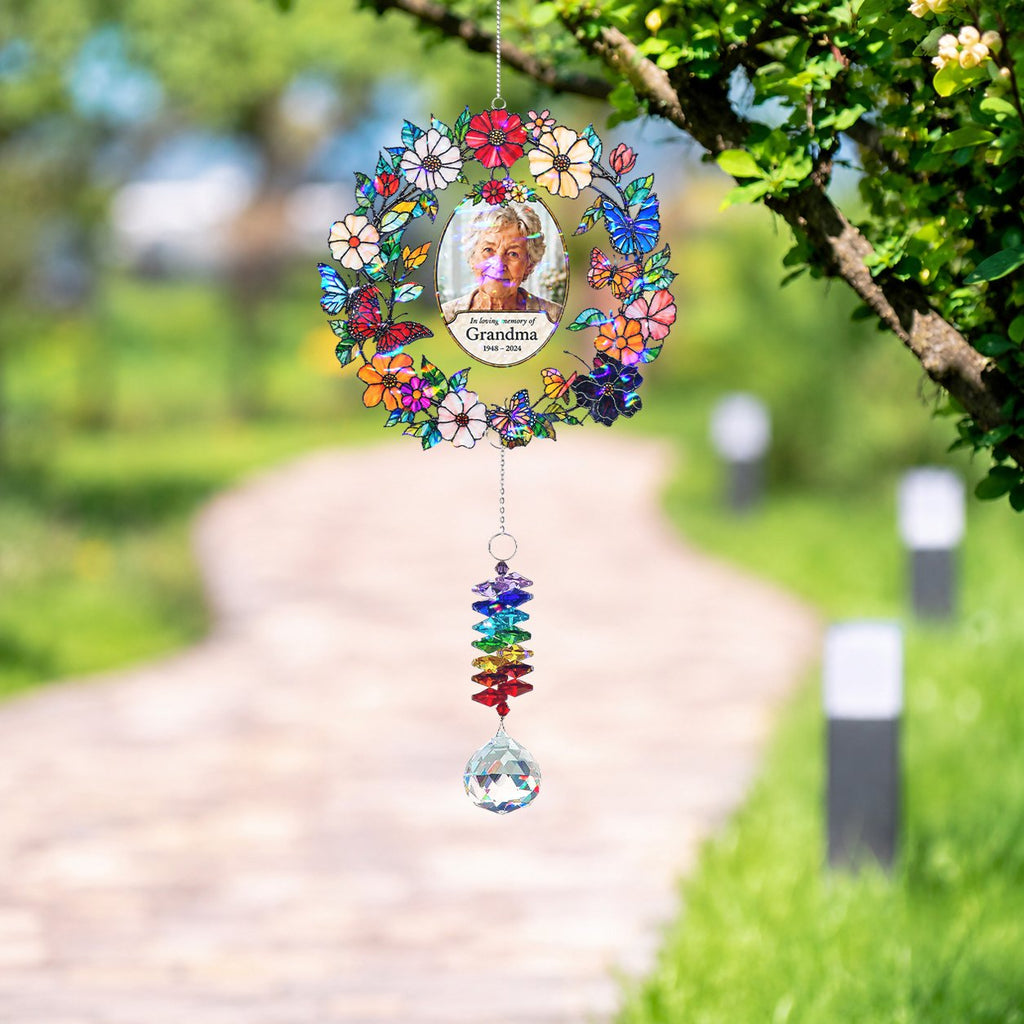 Personalized floral photo memorial wreath crystal suncatcher