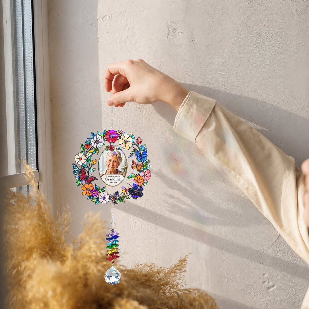 Personalized floral photo memorial wreath crystal suncatcher