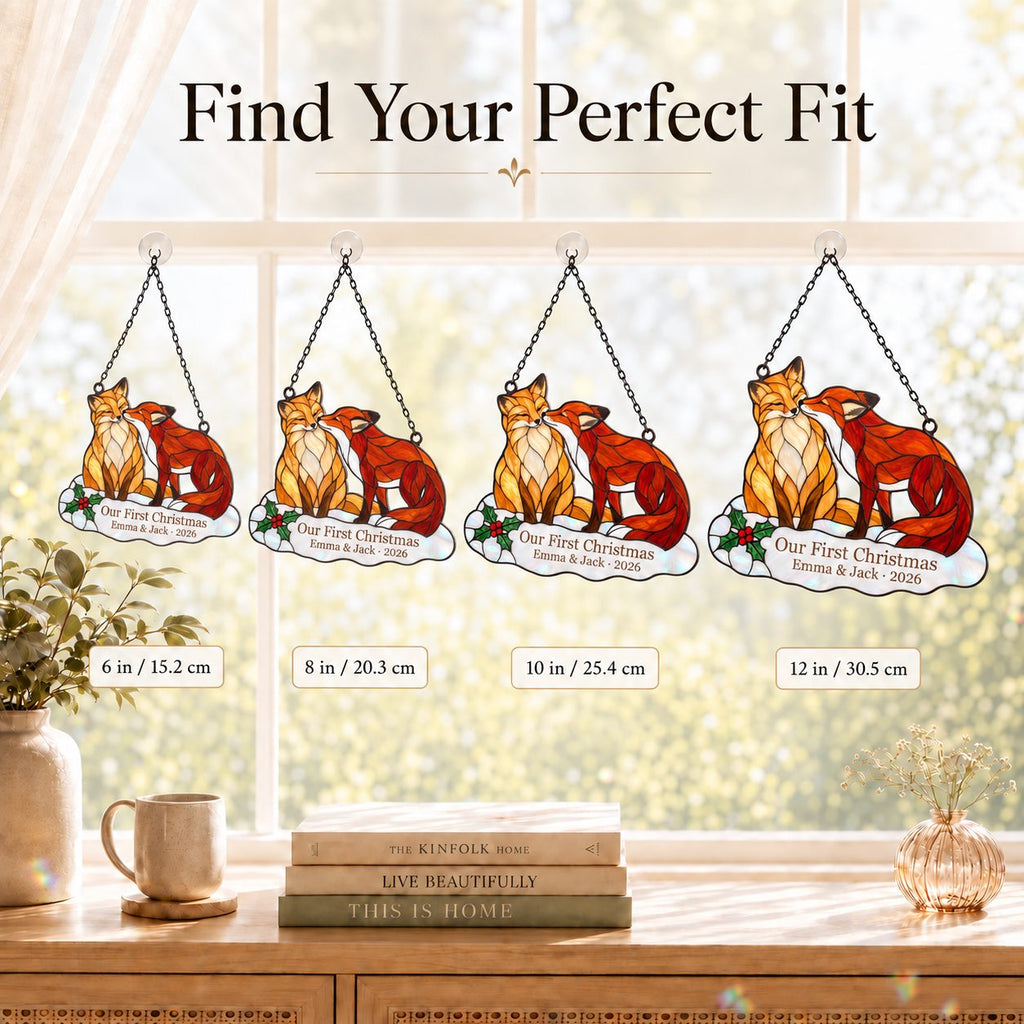 Personalized Fox Couple Our First Christmas Holographic Acrylic Suncatcher