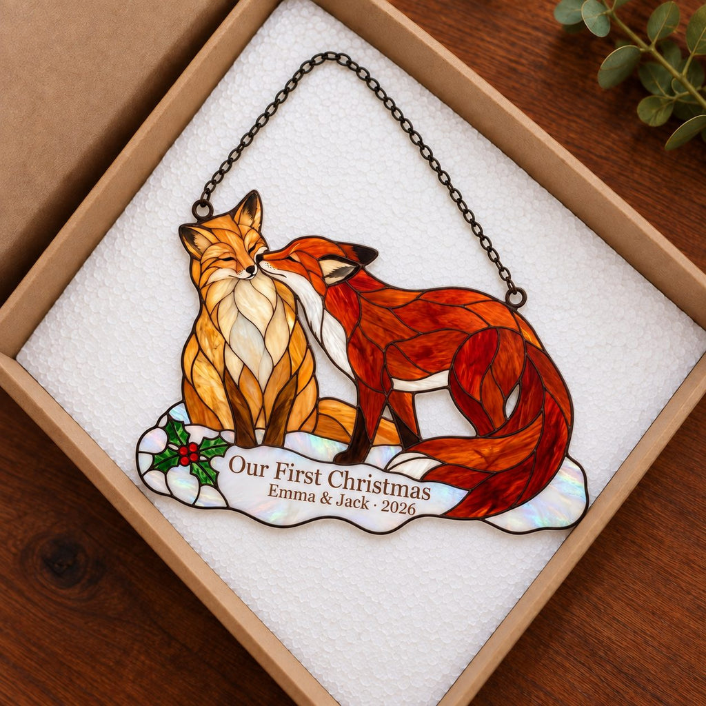 Personalized Fox Couple Our First Christmas Holographic Acrylic Suncatcher