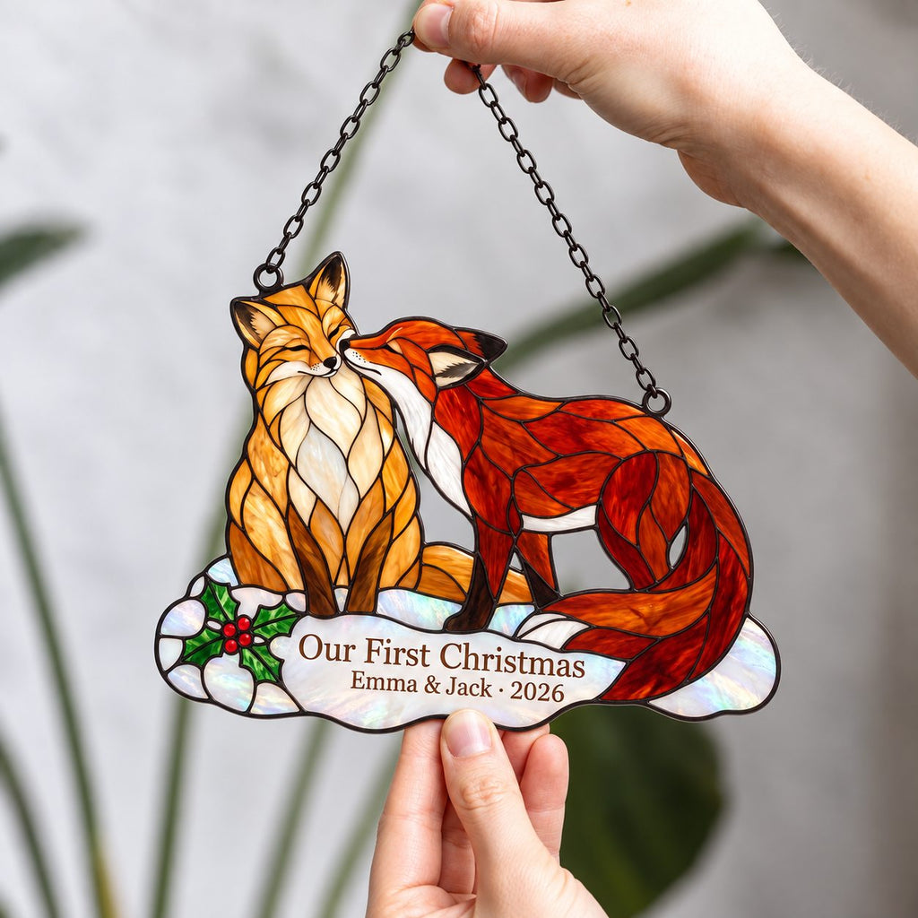 Personalized Fox Couple Our First Christmas Holographic Acrylic Suncatcher