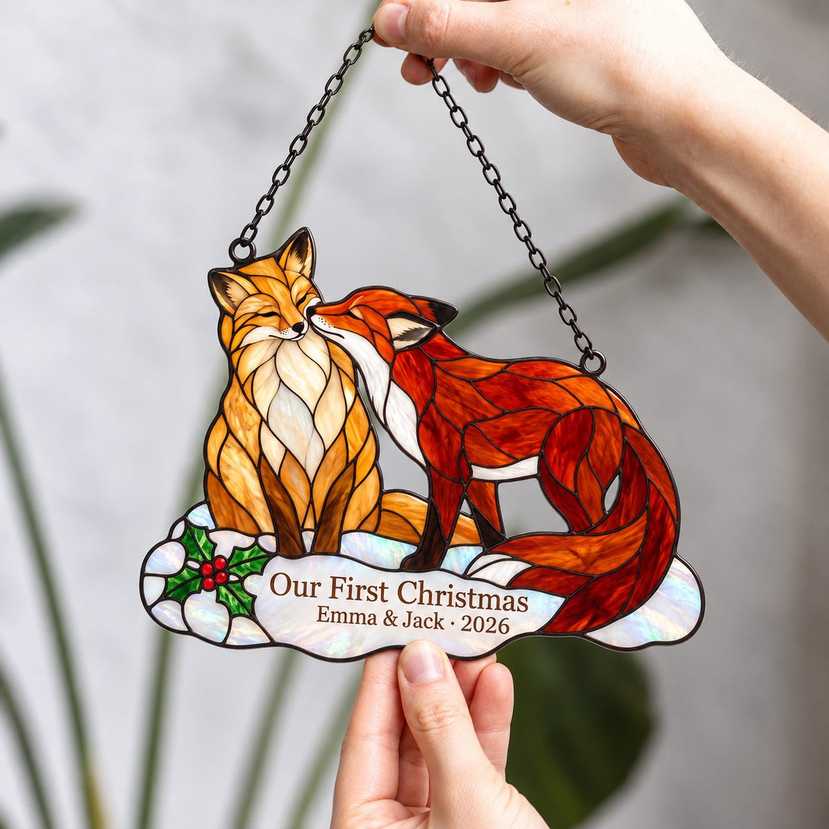 Personalized Fox Couple Our First Christmas Holographic Acrylic Suncatcher