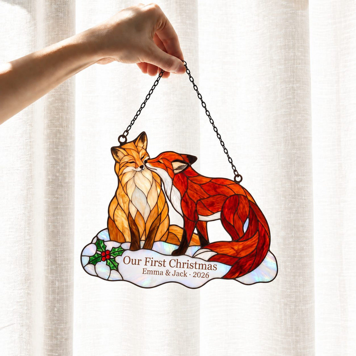 Personalized Fox Couple Our First Christmas Holographic Acrylic Suncatcher