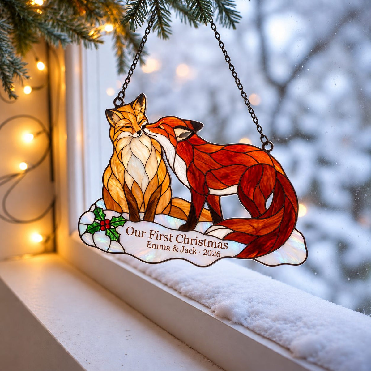 Personalized Fox Couple Our First Christmas Holographic Acrylic Suncatcher