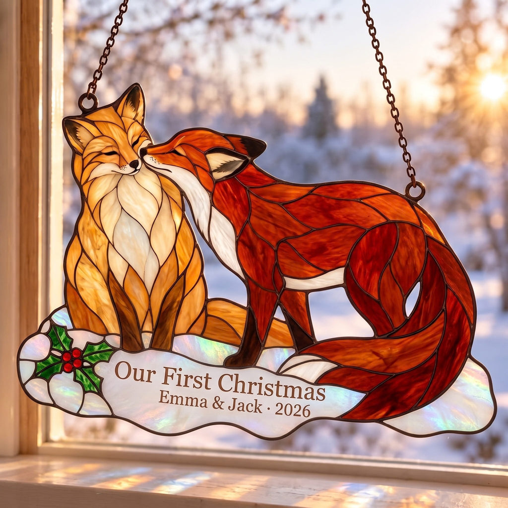 Personalized Fox Couple Our First Christmas Holographic Acrylic Suncatcher