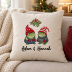 Personalized Frog Couple Under the Mistletoe — Embroidered Christmas Pillow Cover with Your Names, 14 to 20 in