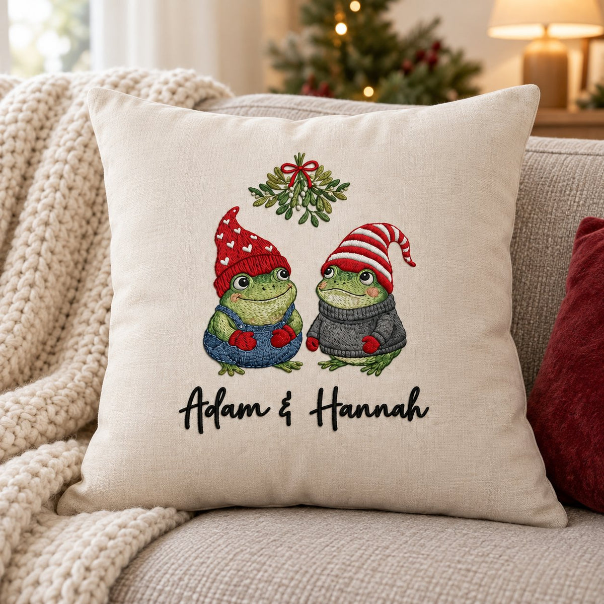Personalized Frog Couple Under the Mistletoe — Embroidered Christmas Pillow Cover with Your Names, 14 to 20 in