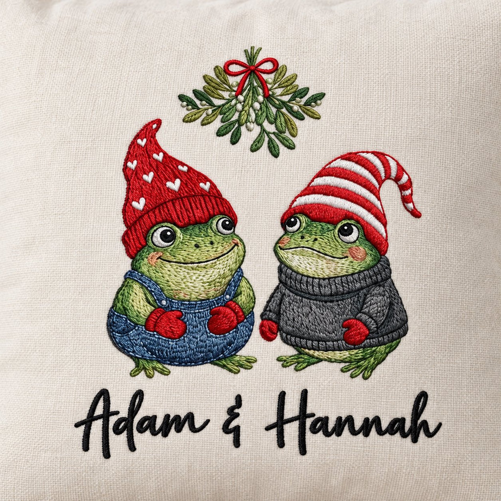 Personalized Frog Couple Under the Mistletoe — Embroidered Christmas Pillow Cover with Your Names, 14 to 20 in
