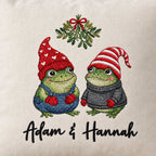 Personalized Frog Couple Under the Mistletoe — Embroidered Christmas Pillow Cover with Your Names, 14 to 20 in