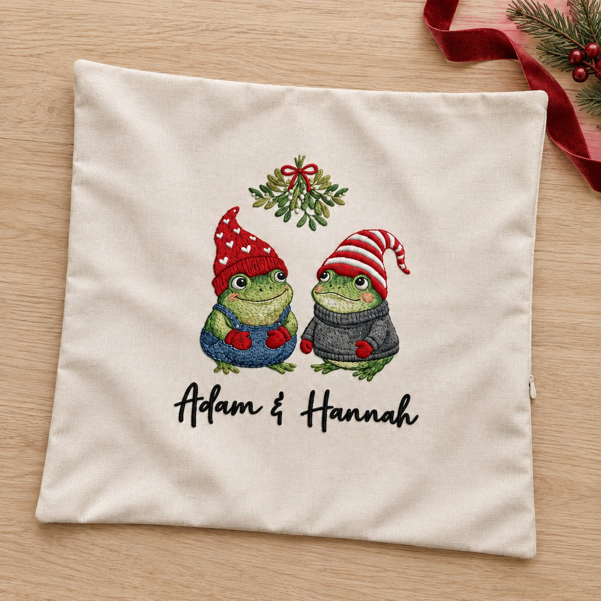 Personalized Frog Couple Under the Mistletoe — Embroidered Christmas Pillow Cover with Your Names, 14 to 20 in