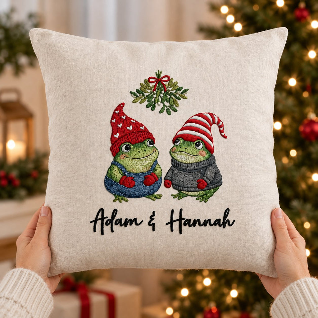 Personalized Frog Couple Under the Mistletoe — Embroidered Christmas Pillow Cover with Your Names, 14 to 20 in